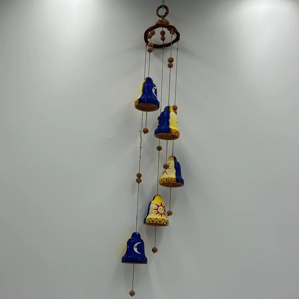 Handmade Celestial Clay Bell Wind Chime Sun Moon Star Terracotta Boho Zen Witchy